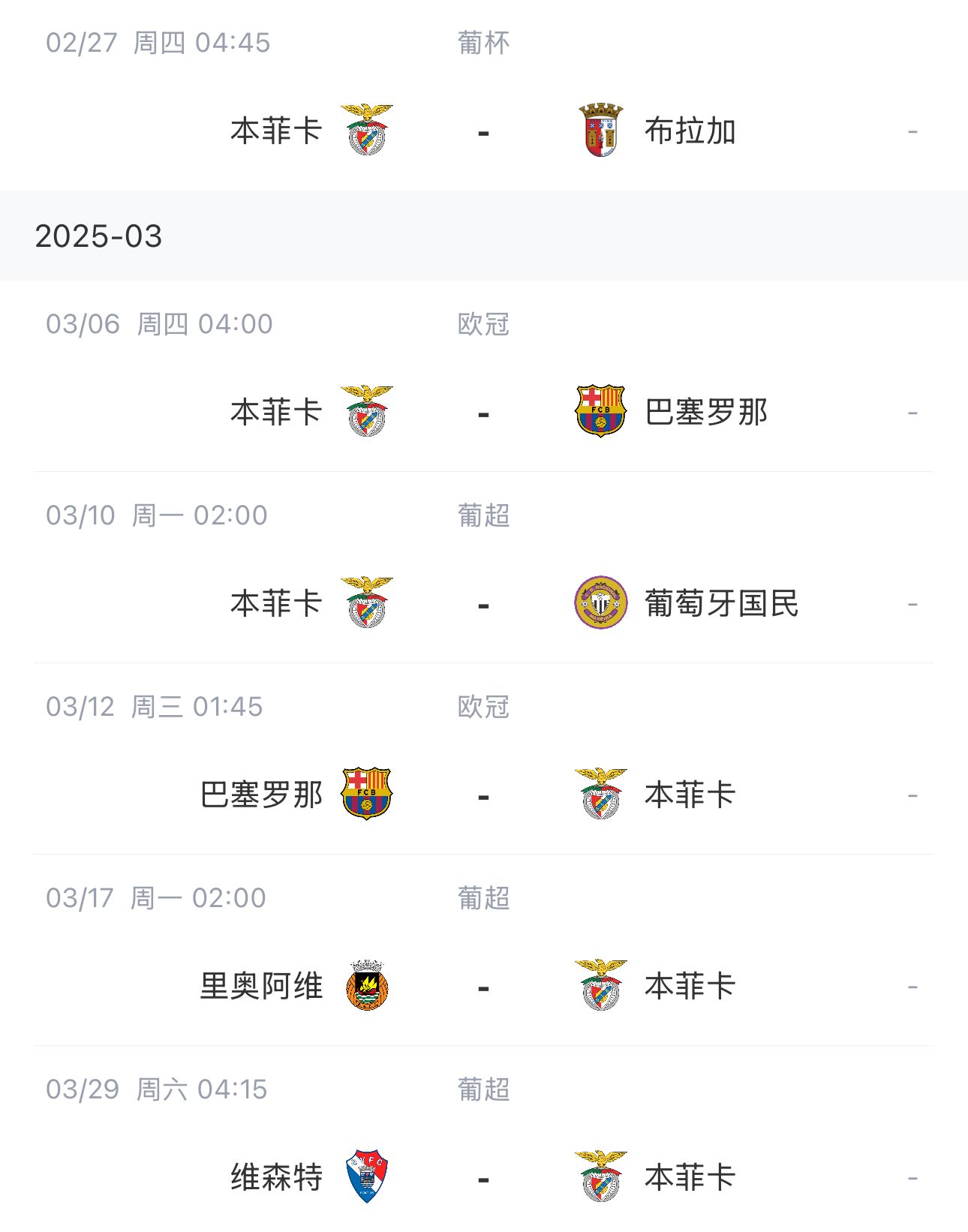 讓路歐冠！本菲卡戰(zhàn)巴薩首回合比賽前的葡超比賽推遲進(jìn)行